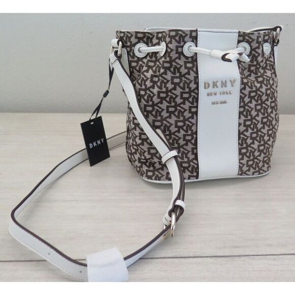 DKNY R11JFE13 White/Brown Signature Jacquard Noho Bucket Shoulder Bag $198 - Picture 11 of 13